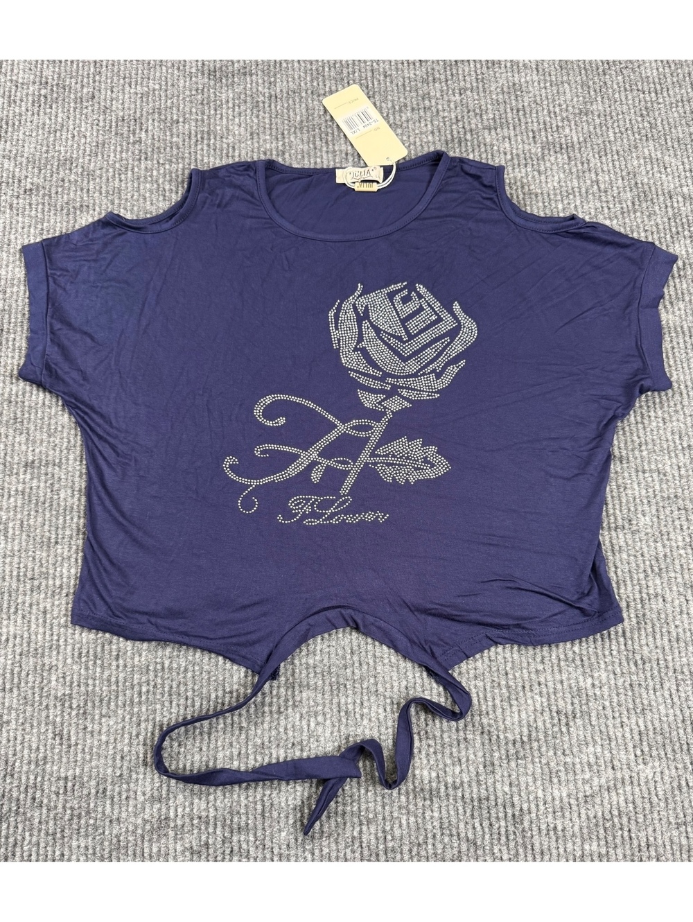 Julia Womens L/XL Navy Blue Rhinestone Rose Cold Shoulder Tie Front Top